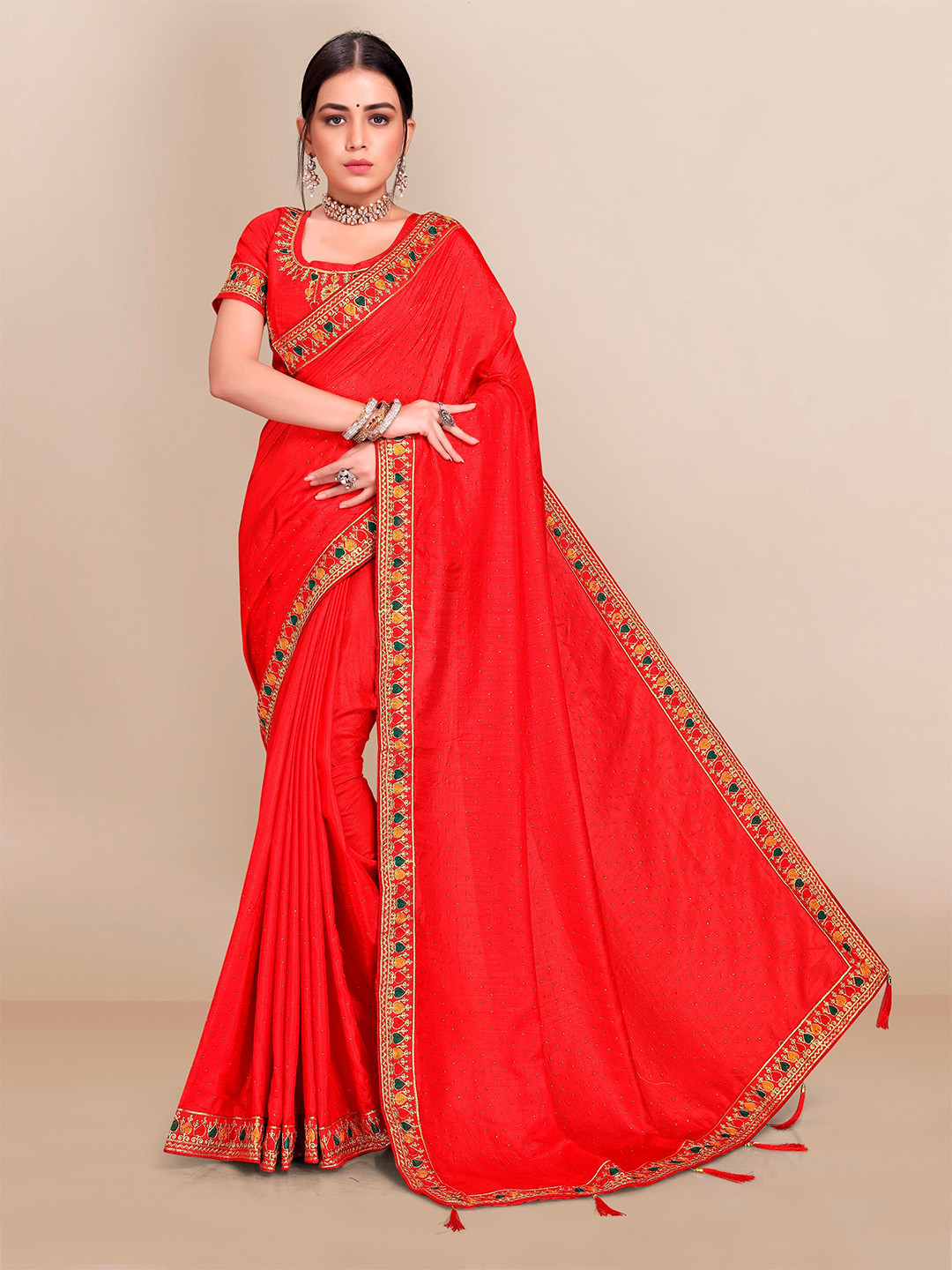 

VAIRAGEE Red & Green Silk Blend Saree