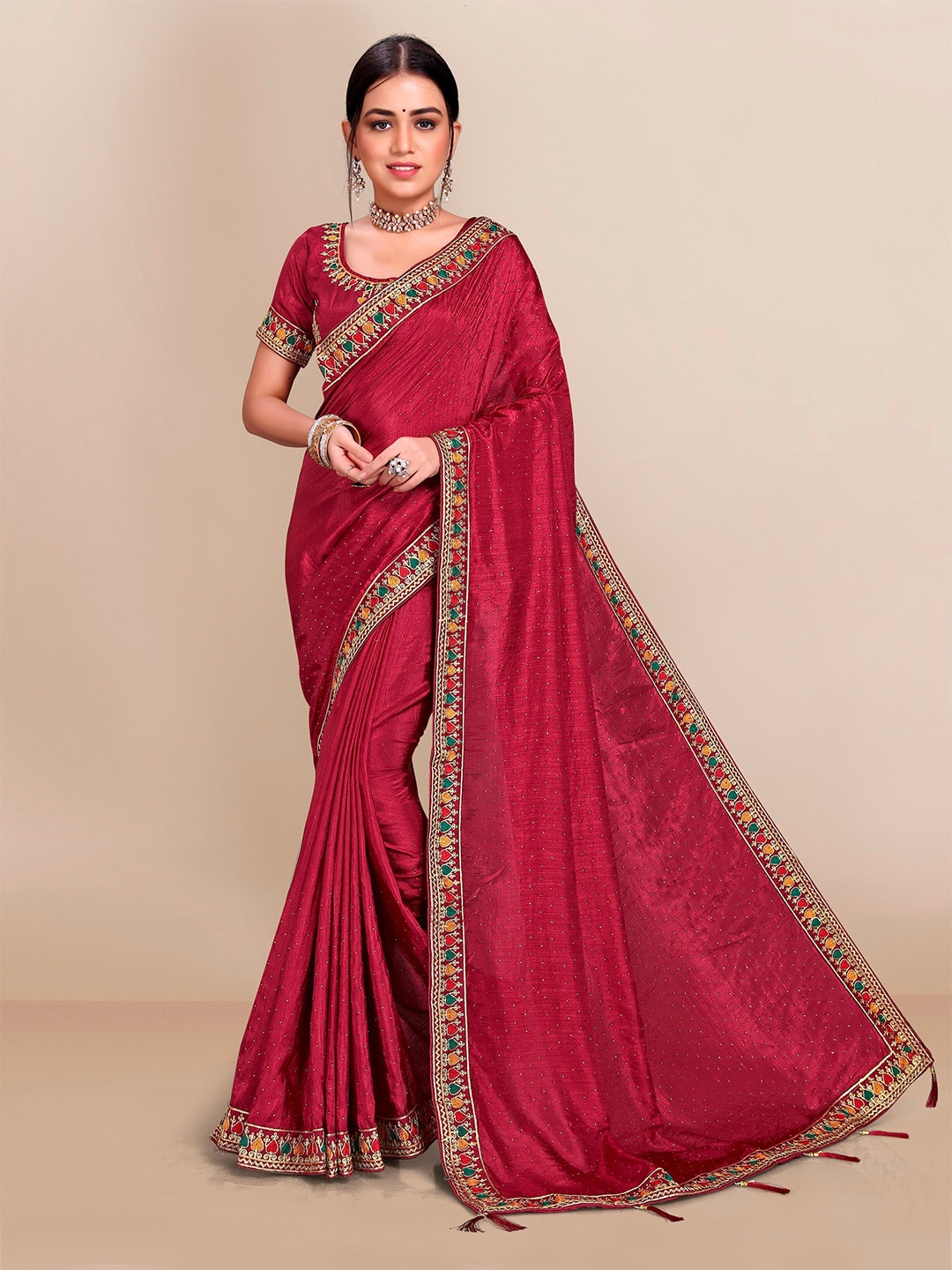 

VAIRAGEE Maroon & Green Embellished Silk Blend Saree