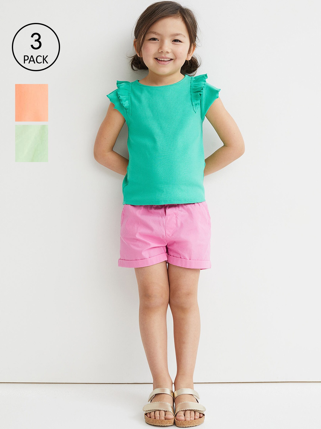 

H&M Girls 3-Pack Cotton Poplin Shorts, Green