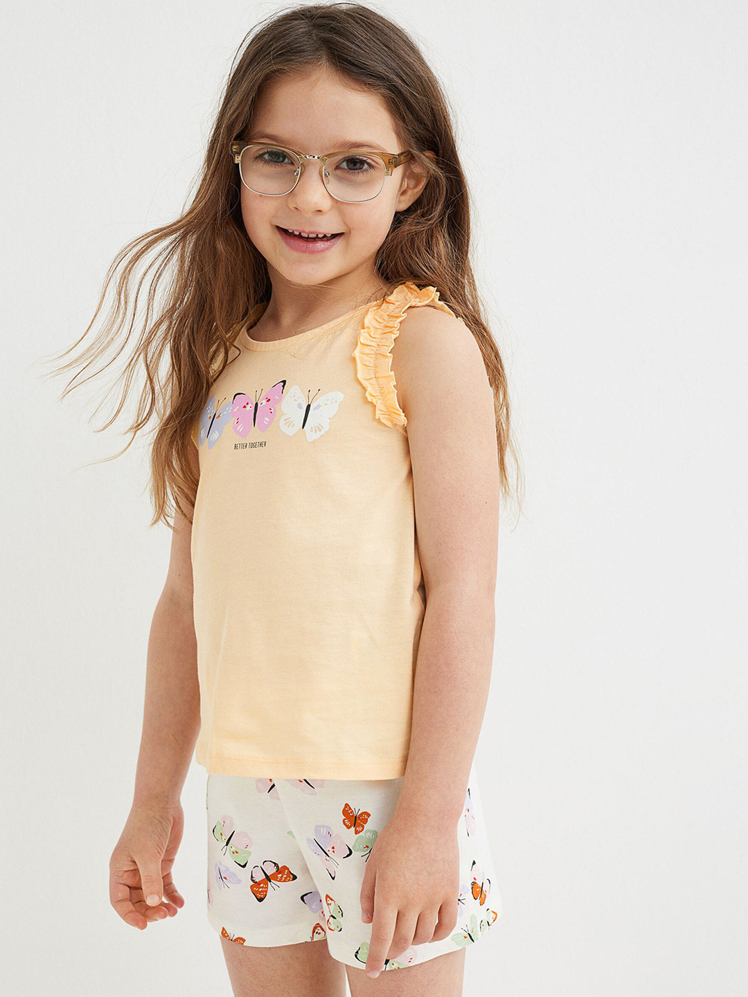 

H&M Girls Beige Printed Top & Shorts Cotton Set