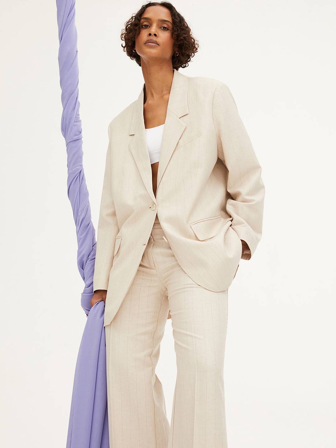 

H&M Women Beige Solid Tailored Oversized Jacket