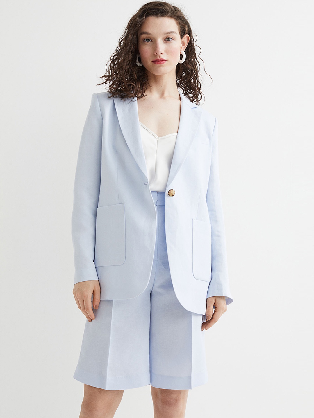 

H&M Women Blue Single-breasted Linen-Blend Jacket