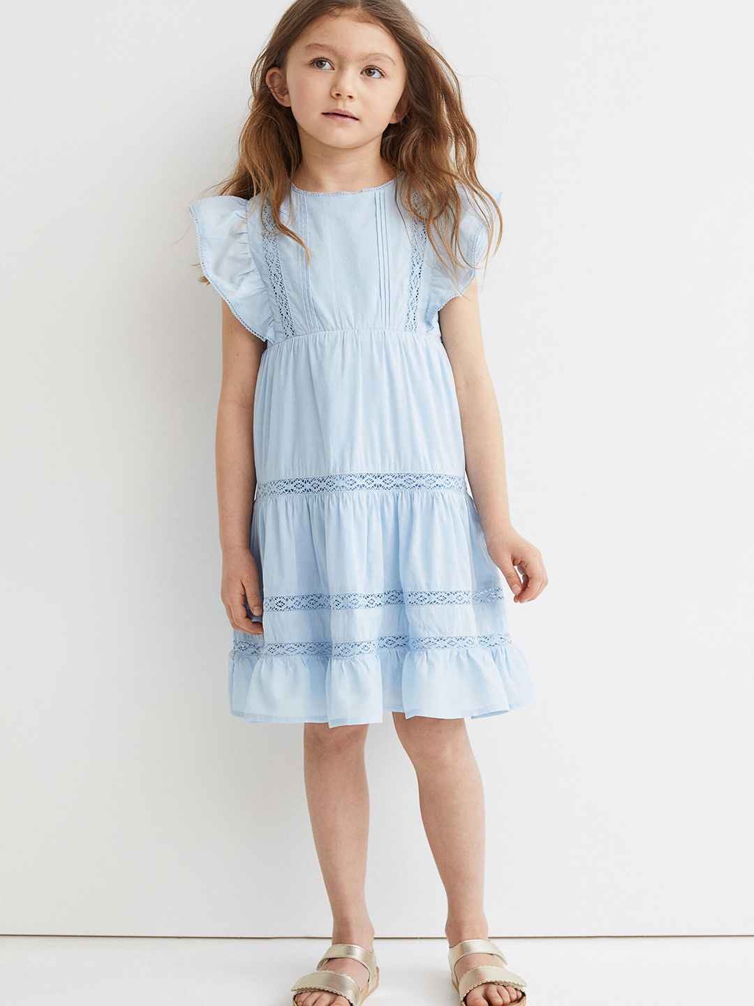 

H&M Girls Blue Flounced Lace-Detail Dress