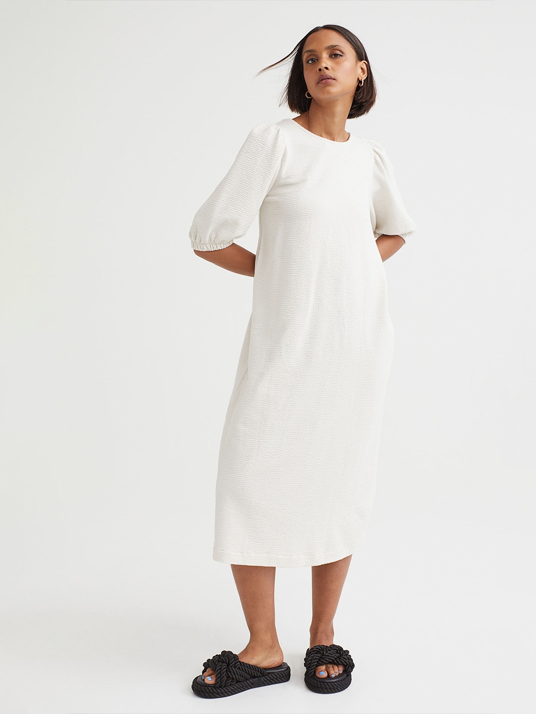 

H&M Women White Waffled Jersey Dress