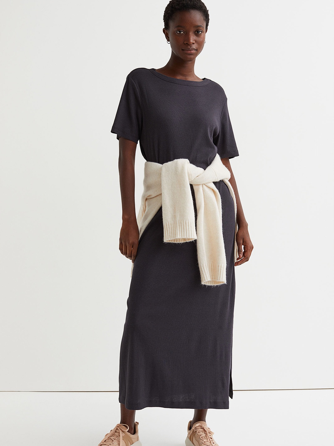 

H&M Women Charcoal Grey Ribbed Modal-Blend T-shirt Dress