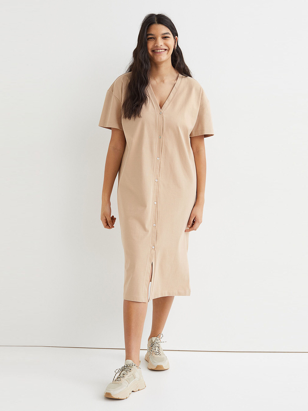 

H&M Beige Button-Front Jersey Dress