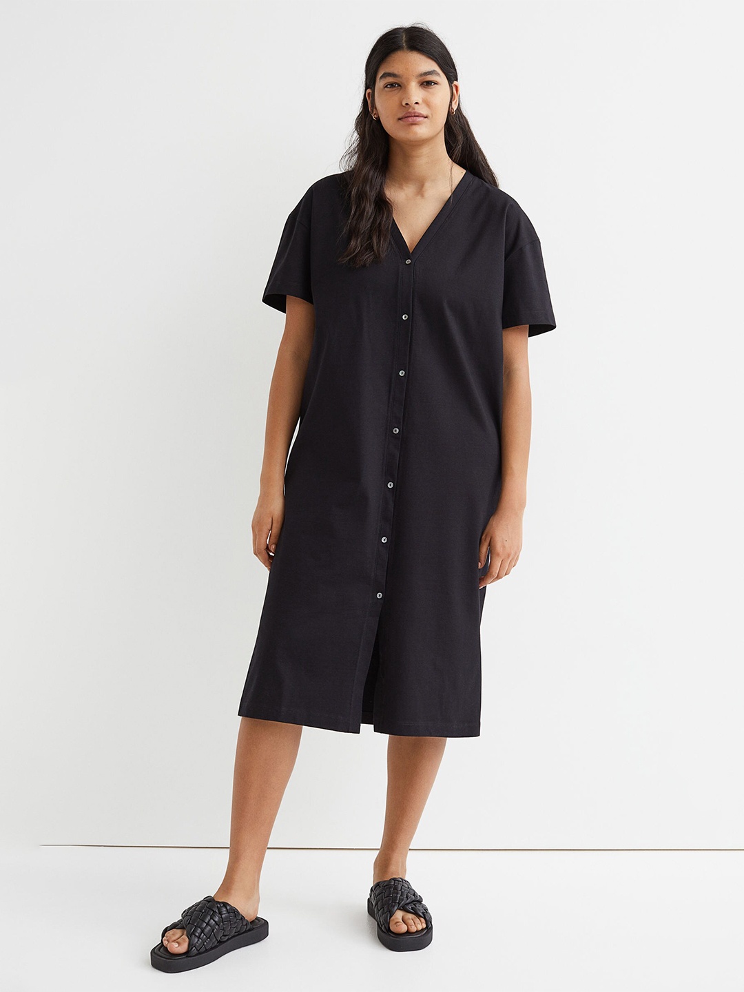 

H&M Button-Front Jersey Dress, Black