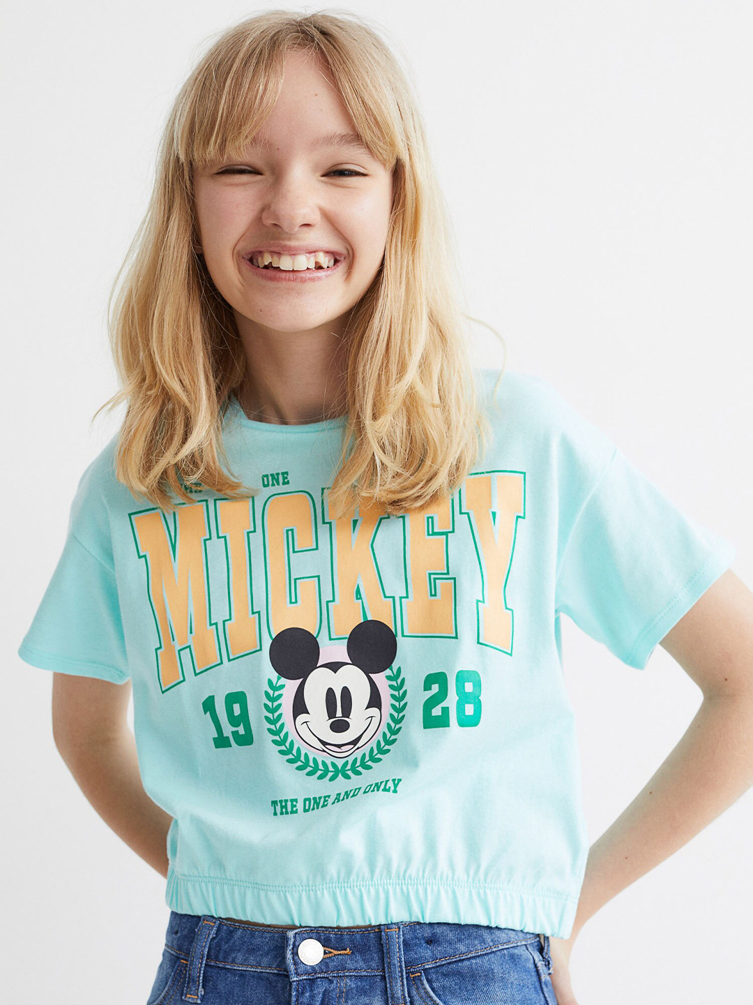 

H&M Girls Turquoise Blue Mickey Mouse Printed T-shirt