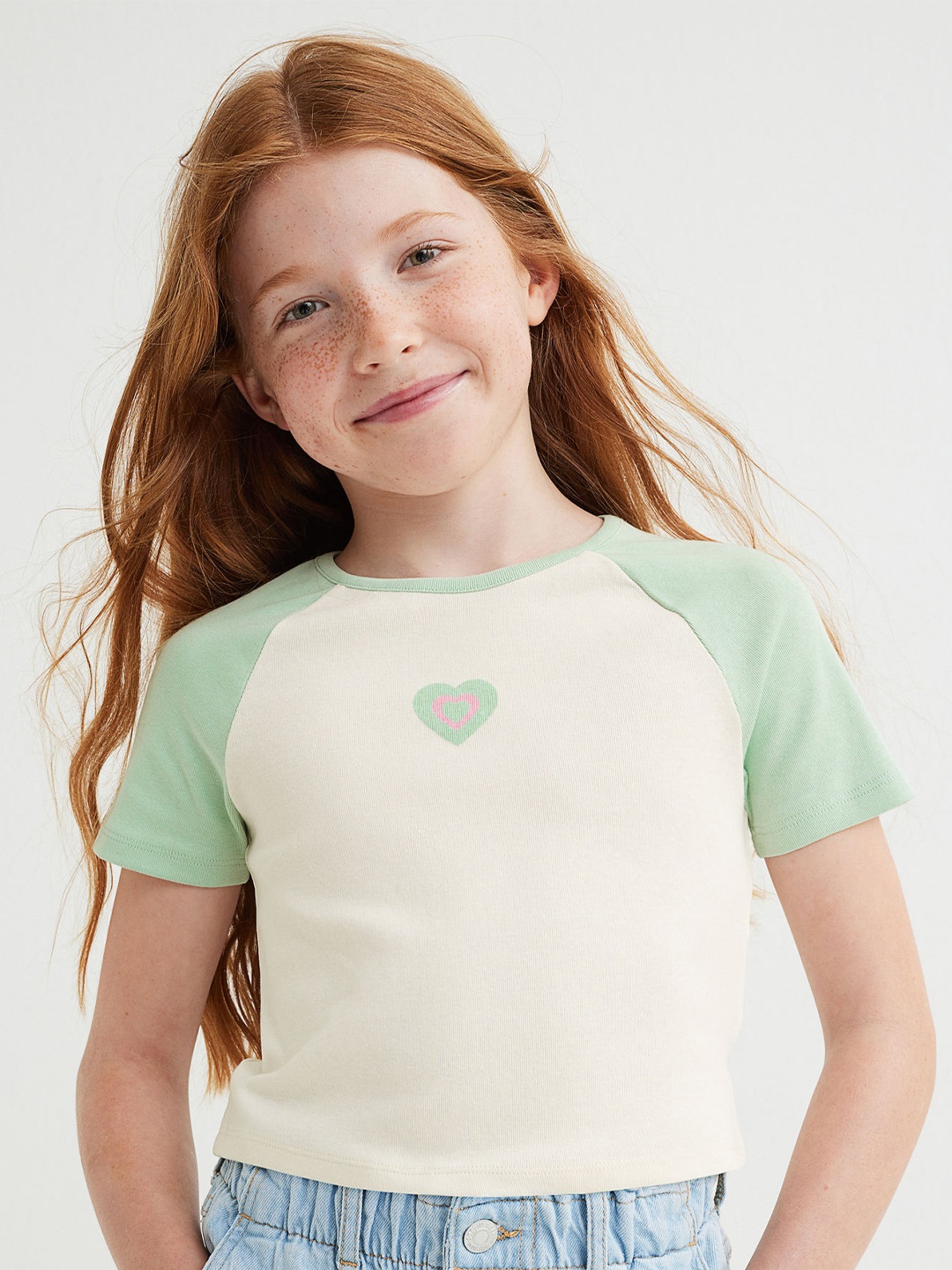 

H&M Girls Green & Beige Cotton Jersey Cropped Top