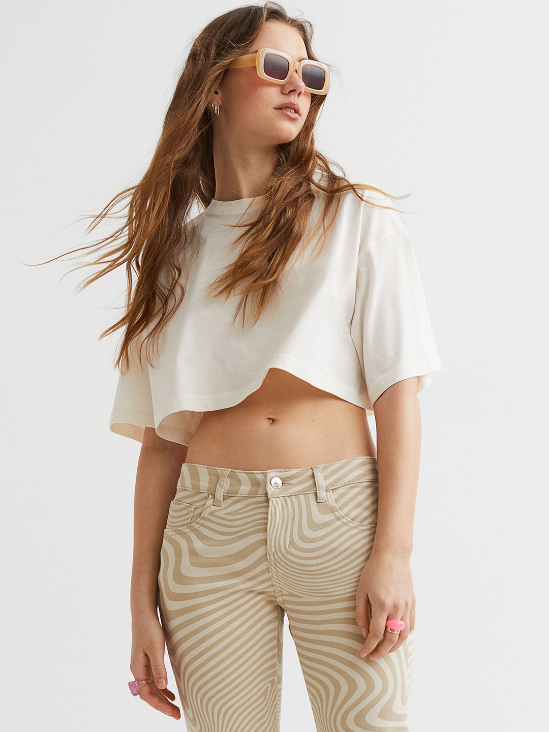 

H&M Beige Low Waist Flared Twill Trousers