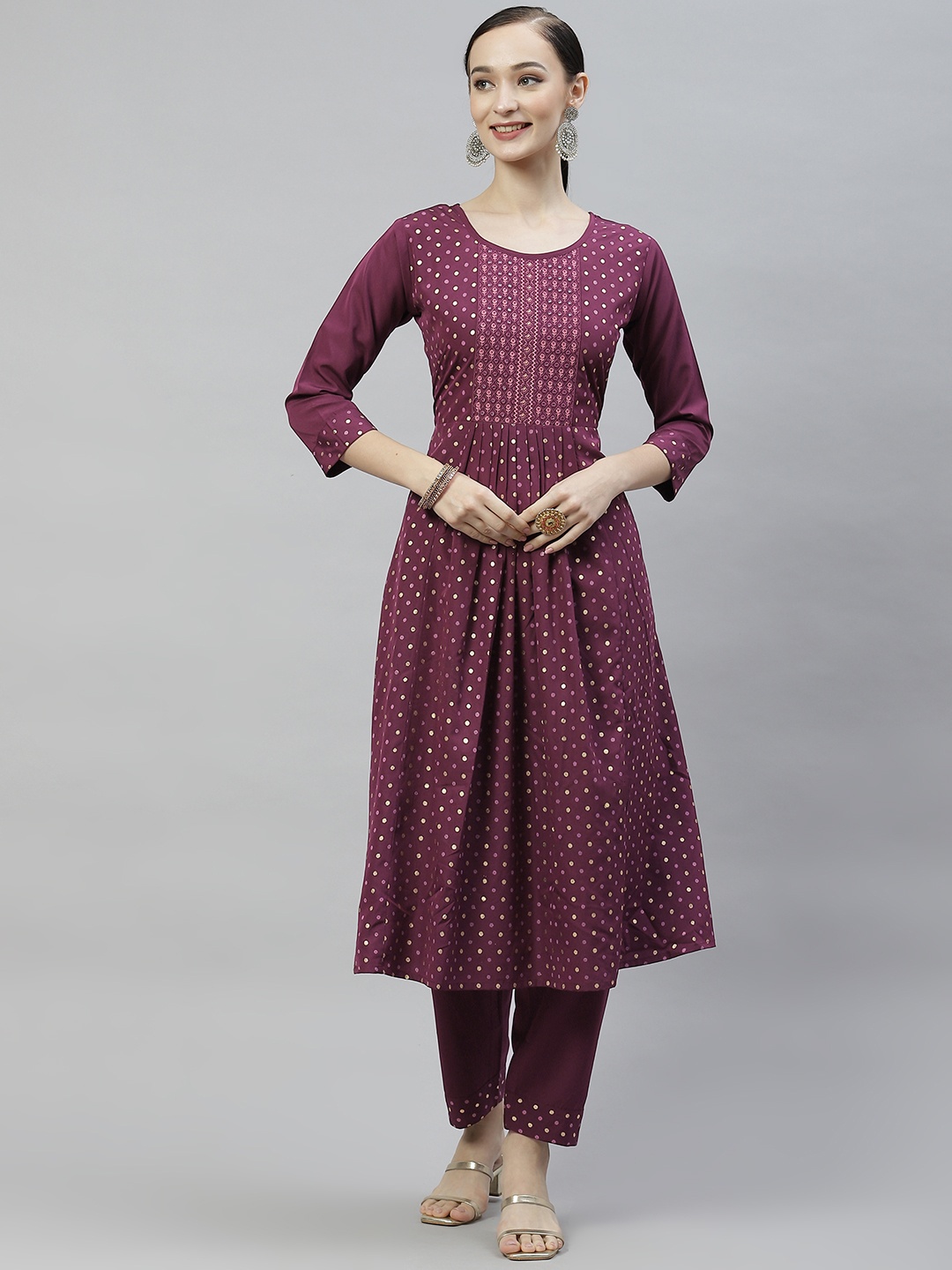 

SheWill Women Purple Ethnic Yoke Embroidered Pleated A-Line Kurta with Trousers