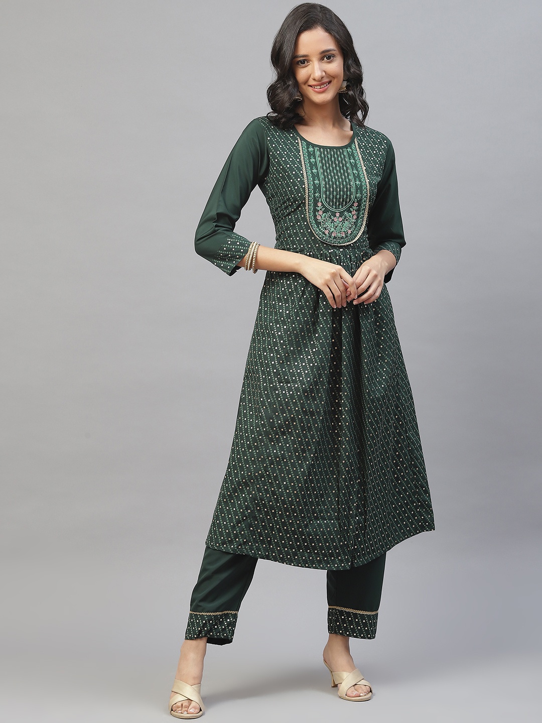 

SheWill Women Green Ethnic Motifs Printed Pleated Thread Work Kurta with Trousers