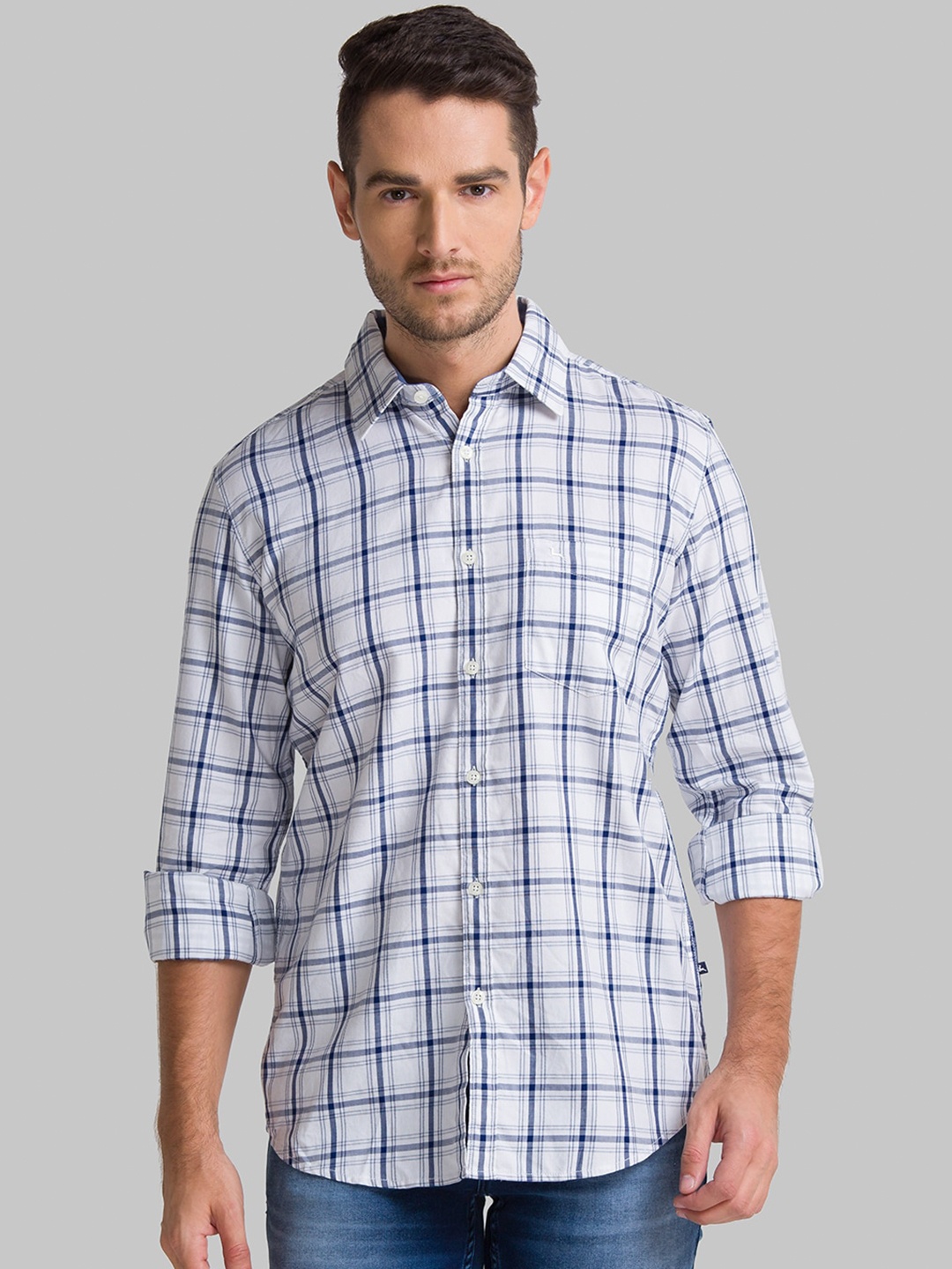

Parx Men Blue & White Slim Fit Checked Cotton Casual Shirt