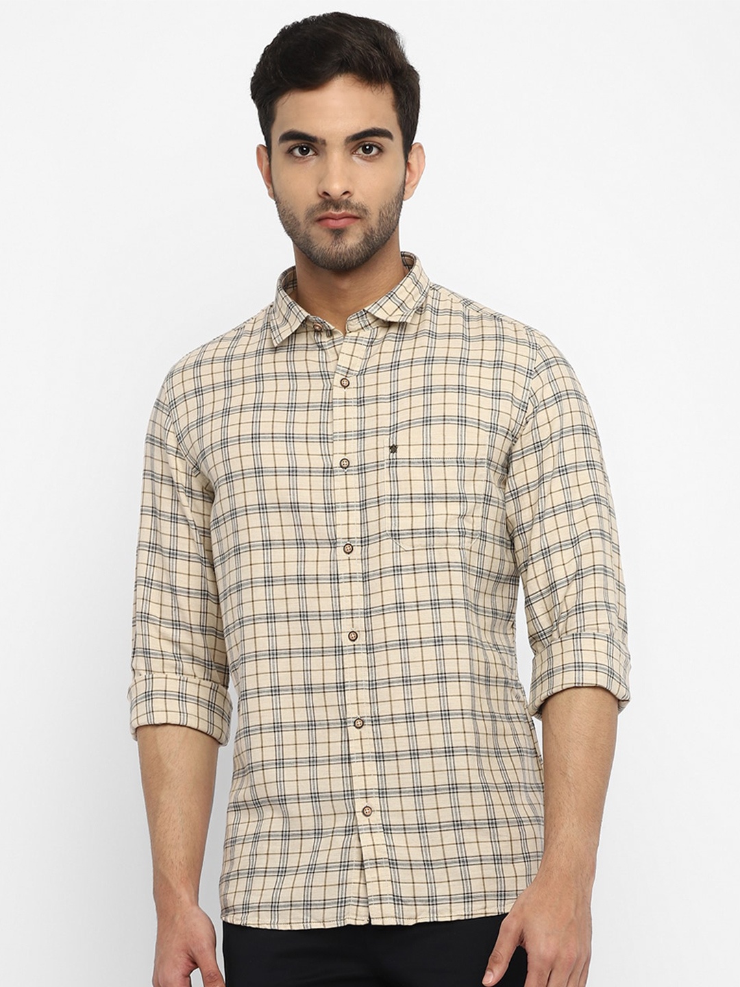 

Turtle Men Cream-Coloured Slim Fit Checked Casual Shirt