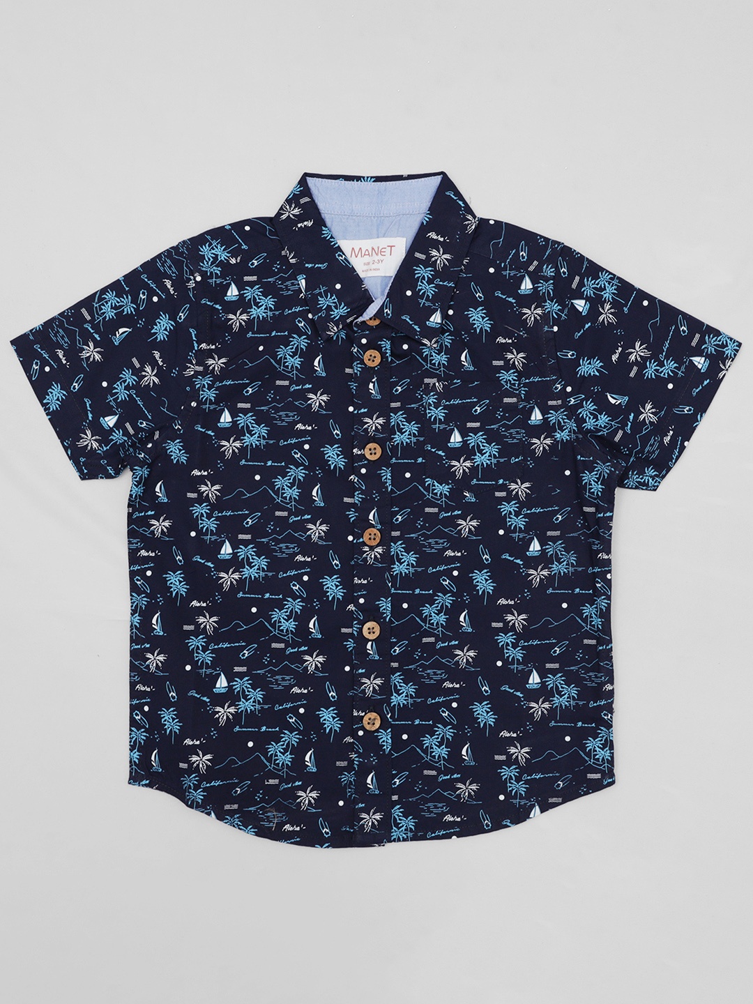 

MANET Boys Navy Blue & Sea Green Classic Printed Oxford Cotton Casual Shirt