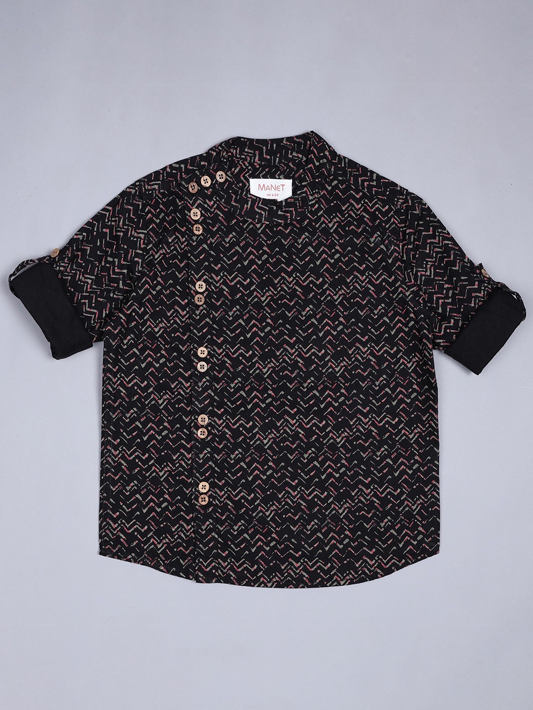 

MANET Boys Black Regular Fit Classic Chevron Printed Casual Shirt