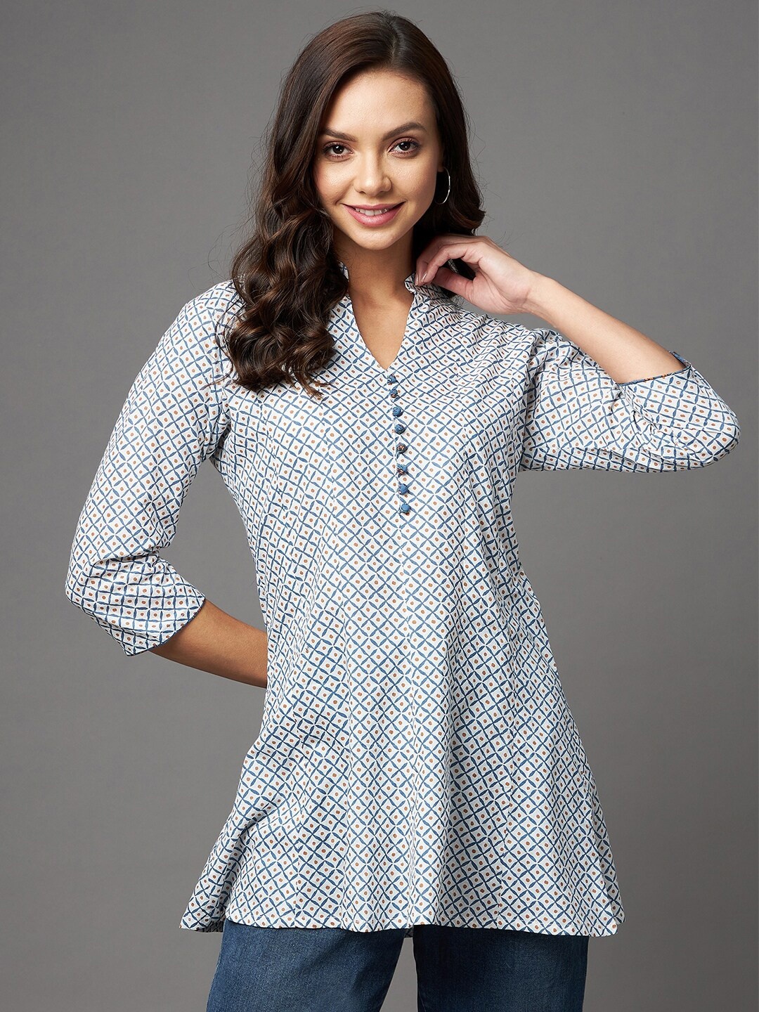 

Azira White & Blue Mandarin Collar Printed Tunic