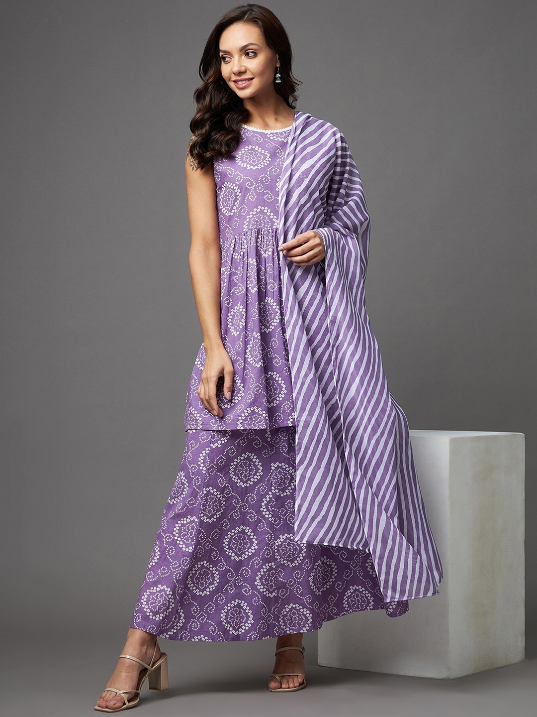 

Azira Women Lavender Bandhani Printed Pleated Pure Cotton Kurti with Sharara & With Dupatta