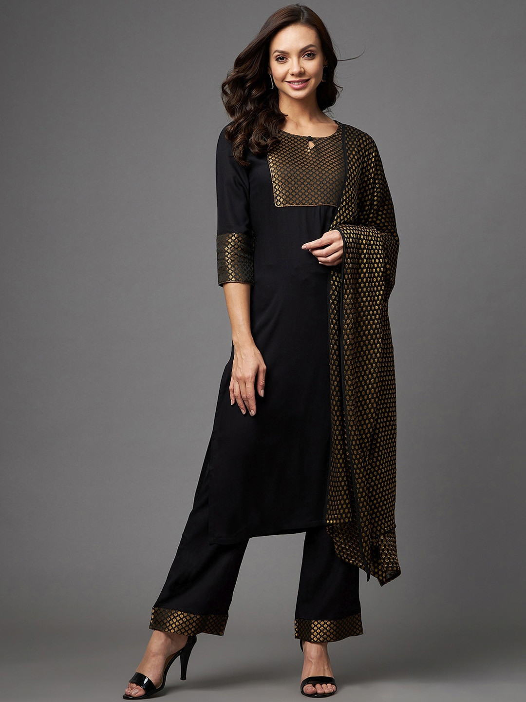 

Azira Women Black Embroidered Layered Kurti with Trousers & With Dupatta