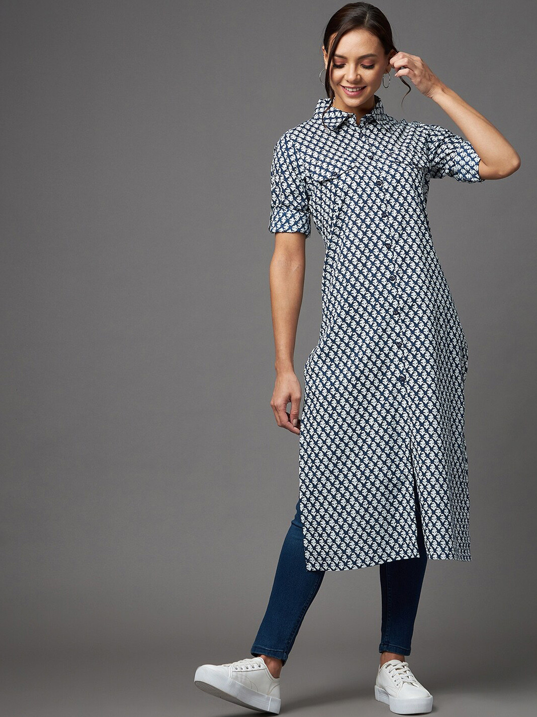 

Azira Women Blue Ethnic Motifs Printed Pathani Kurta
