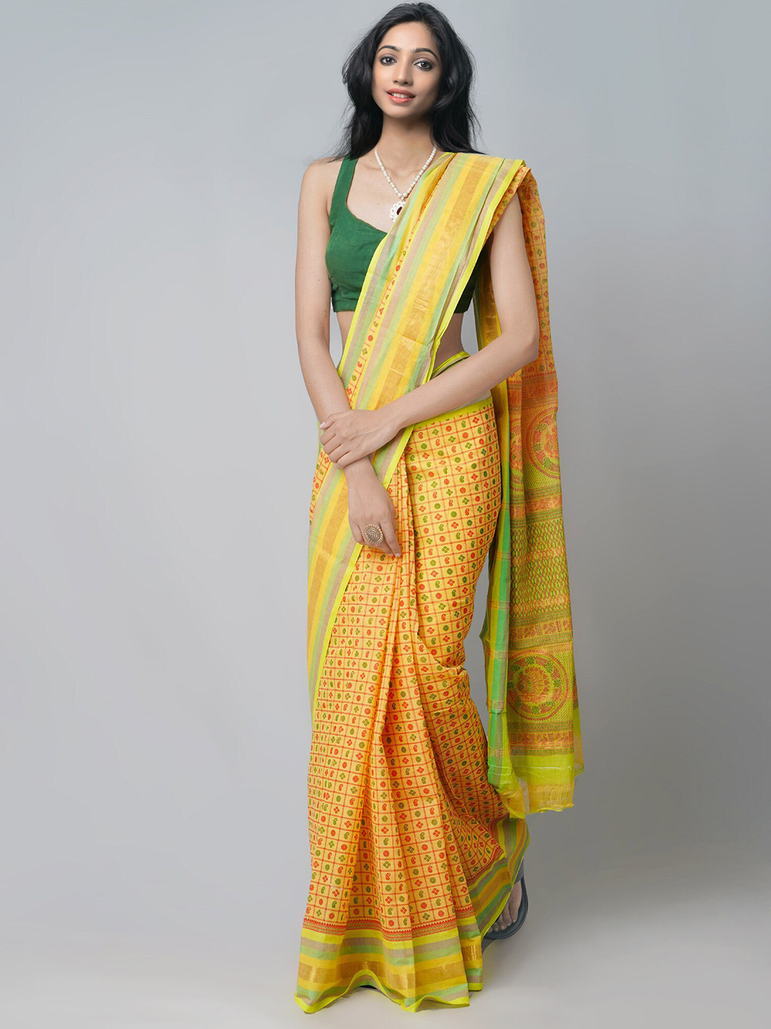 

Unnati Silks Yellow & Red Ethnic Motifs Pure Cotton Block Print Saree