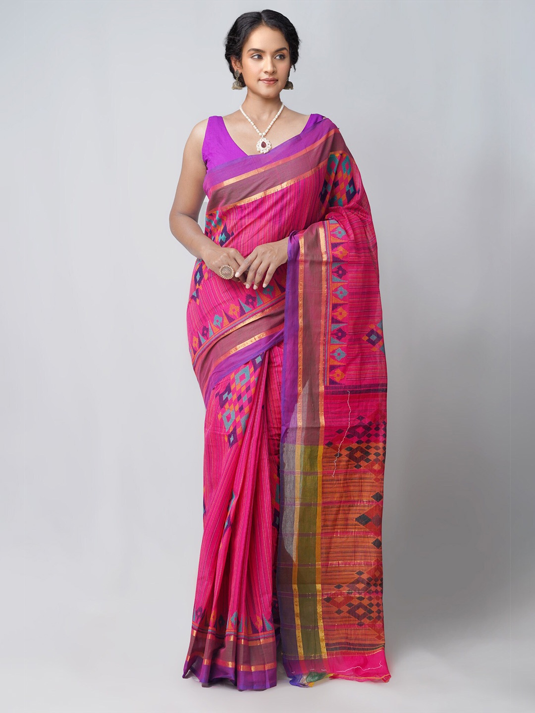 

Unnati Silks Pink & Purple Ethnic Motifs Pure Cotton Block Print Saree