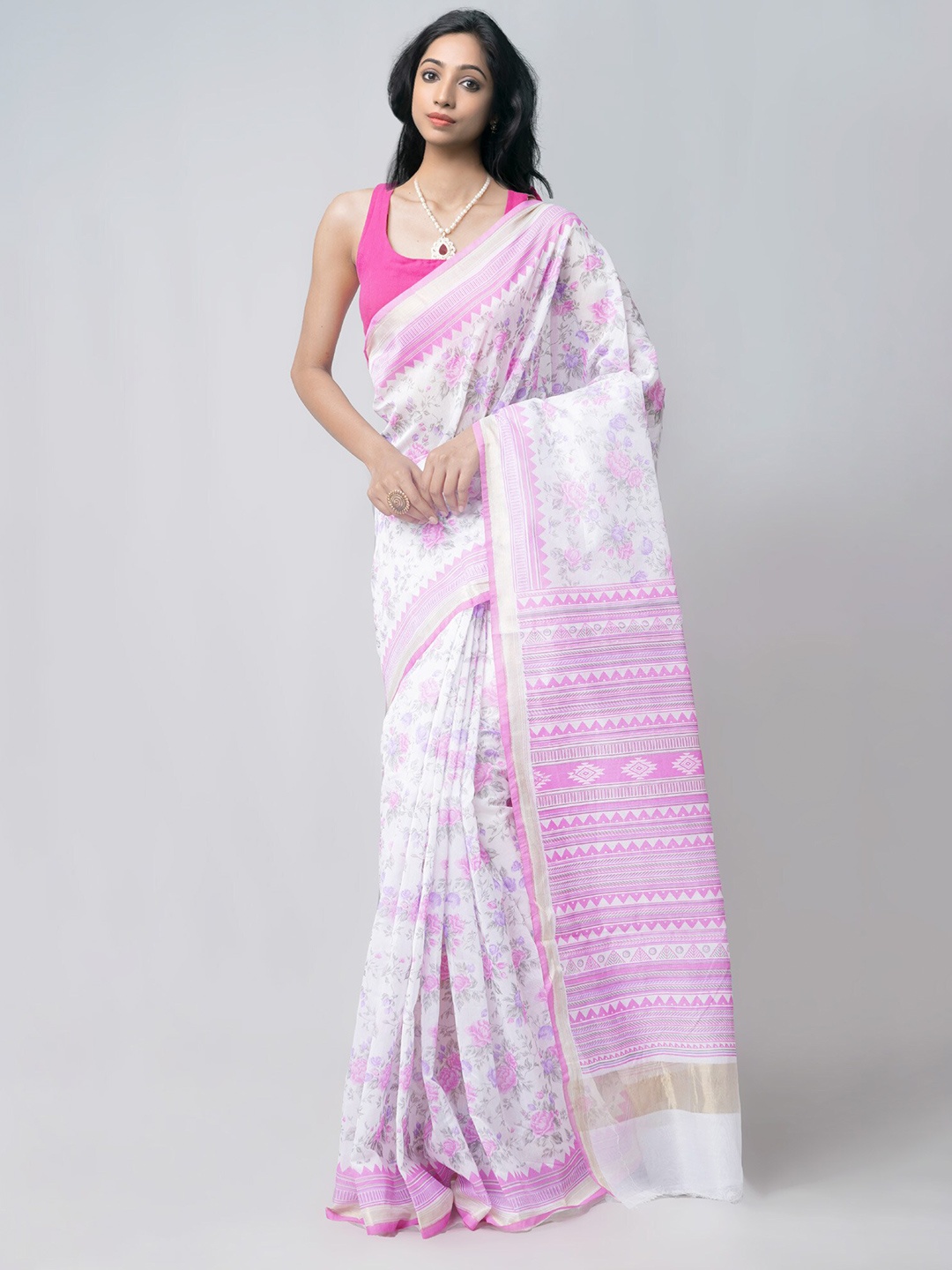 

Unnati Silks White & Pink Floral Zari Bangalore Silk Saree