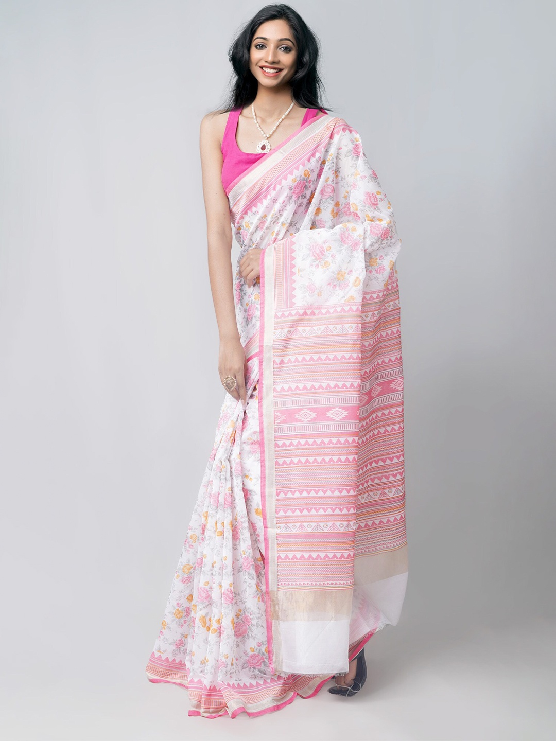 

Unnati Silks Cream-Coloured & Pink Floral Zari Silk Blend Baluchari Saree