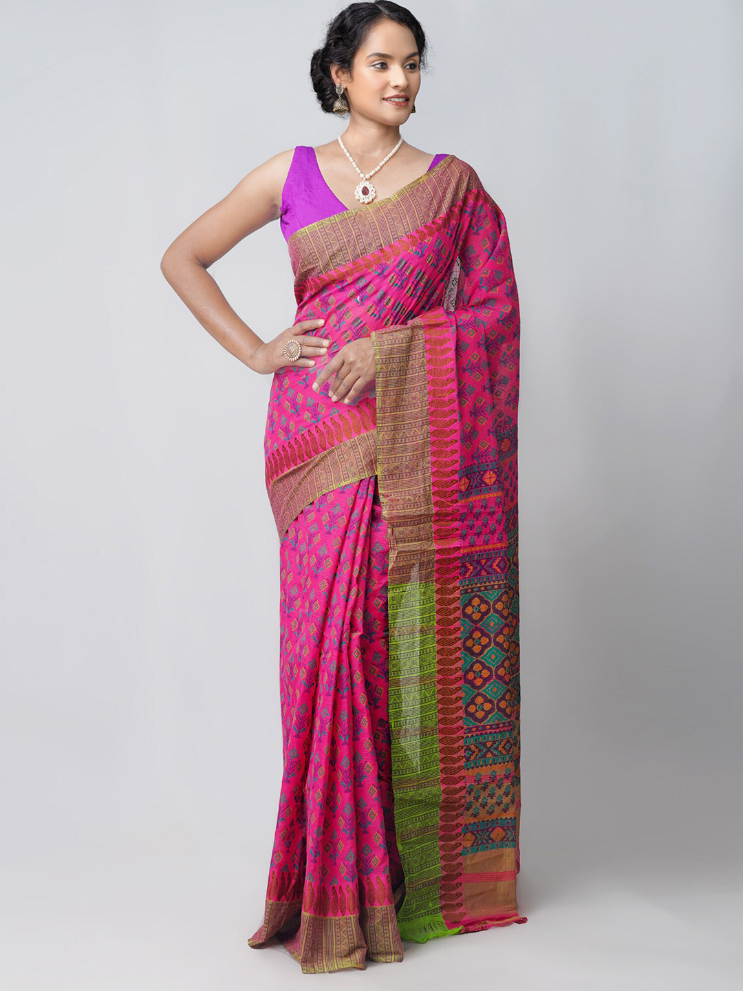 

Unnati Silks Pink & Green Ethnic Motifs Pure Cotton Block Print Saree