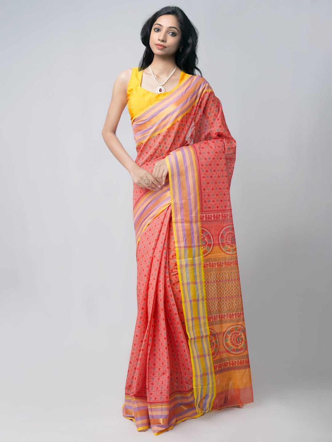 

Unnati Silks Red & Yellow Ethnic Motifs Pure Cotton Block Print Saree