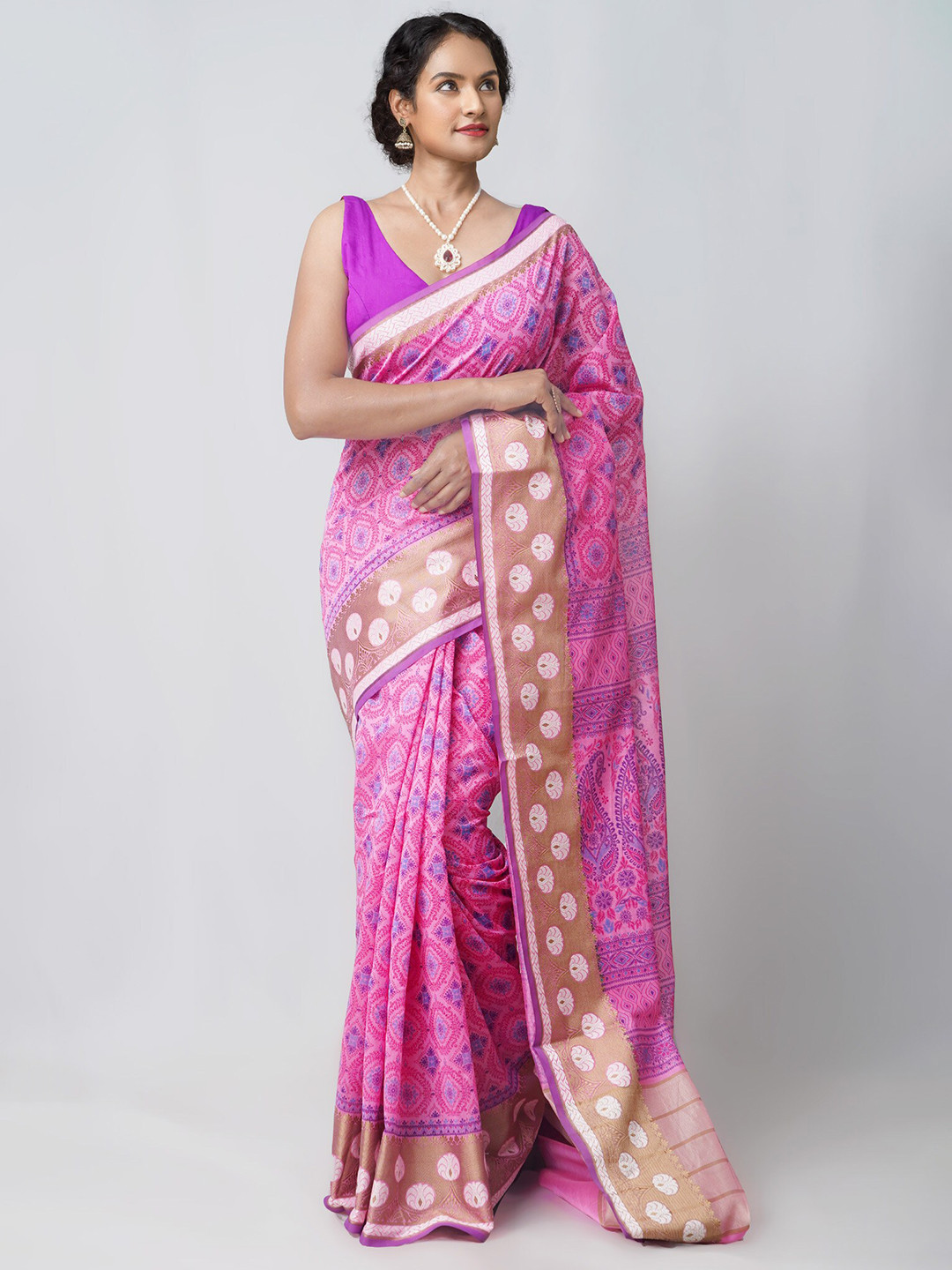 

Unnati Silks Pink & Purple Ethnic Motifs Zari Silk Blend Baluchari Saree