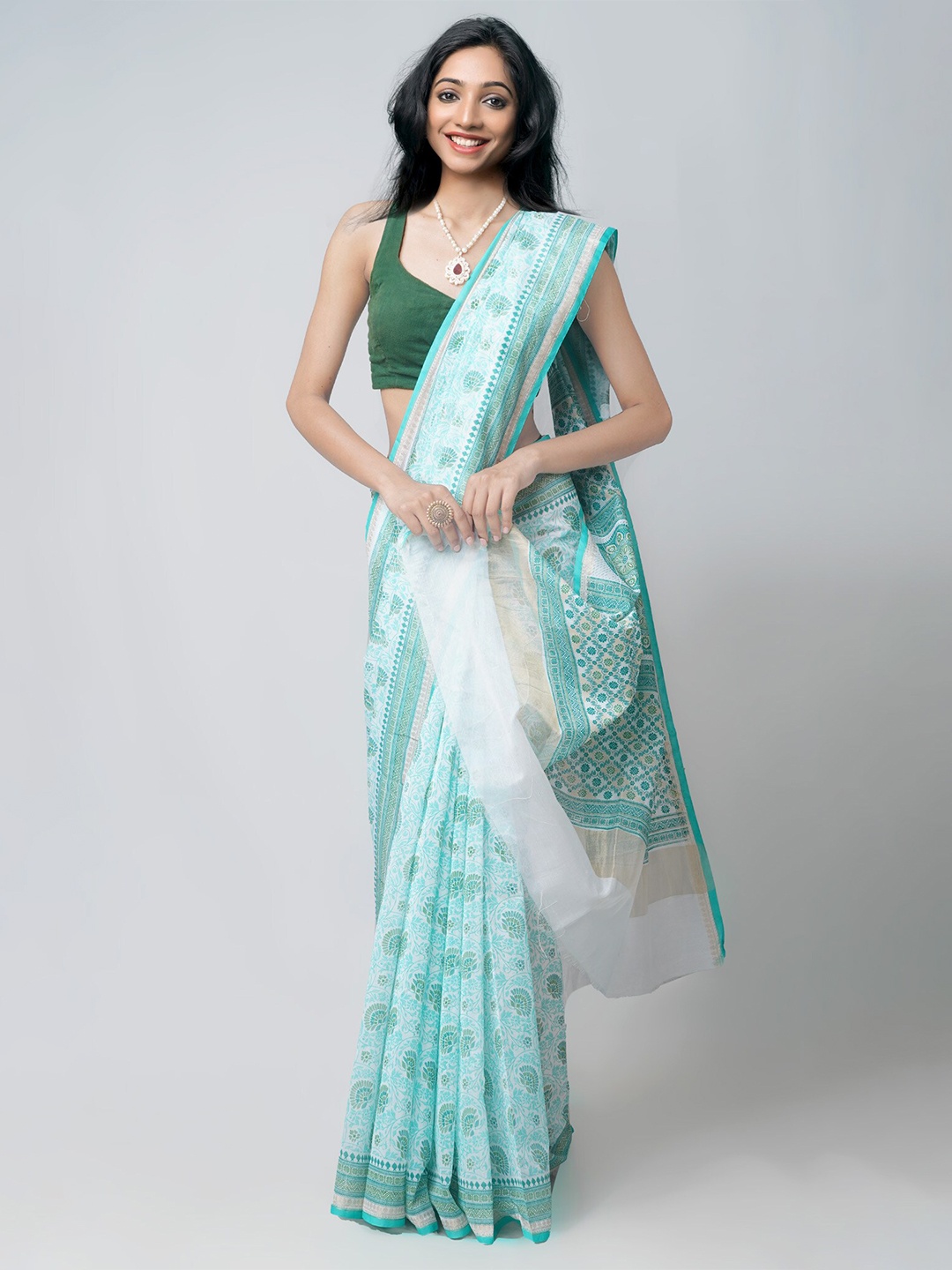 

Unnati Silks Cream-Coloured & White Ethnic Motifs Zari Bangalore Silk Saree