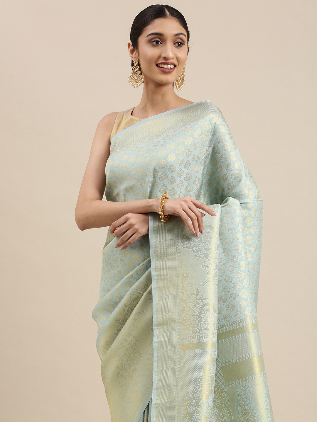 

Mitera Blue & Gold-Toned Woven Design Zari Pure Silk Kanjeevaram Saree