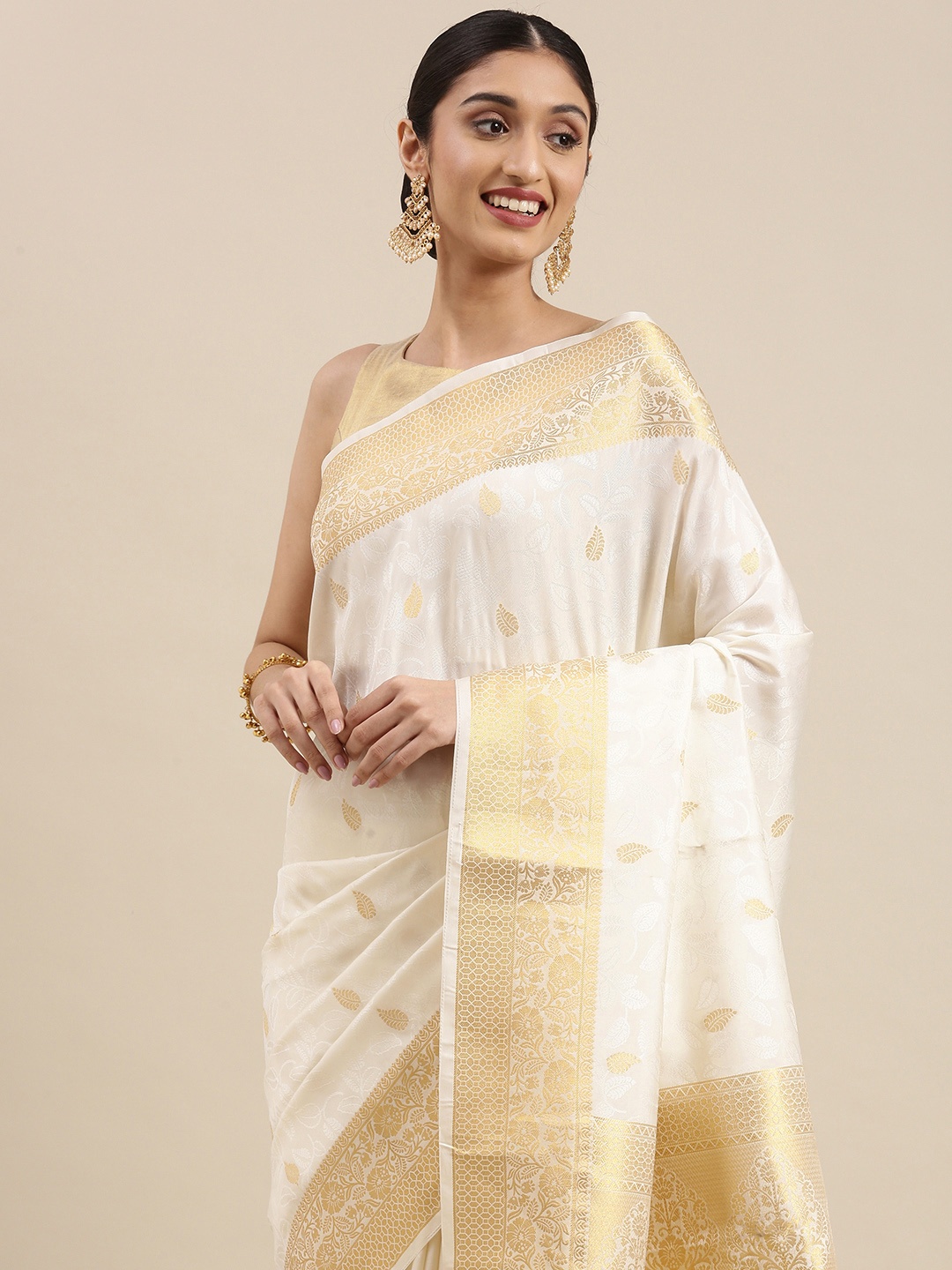 

Mitera White & Gold-Toned Ethnic Motifs Zari Pure Silk Kanjeevaram Saree
