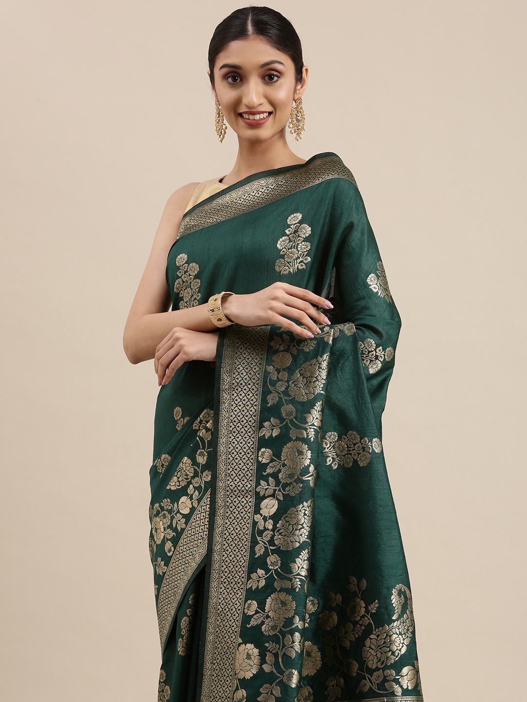 

Mitera Teal & Silver-Toned Ethnic Motifs Zari Pure Silk Kanjeevaram Saree