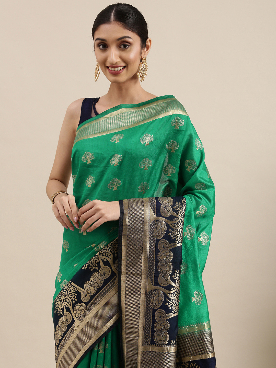 

Mitera Green & Navy Blue Ethnic Motifs Zari Pure Silk Kanjeevaram Saree