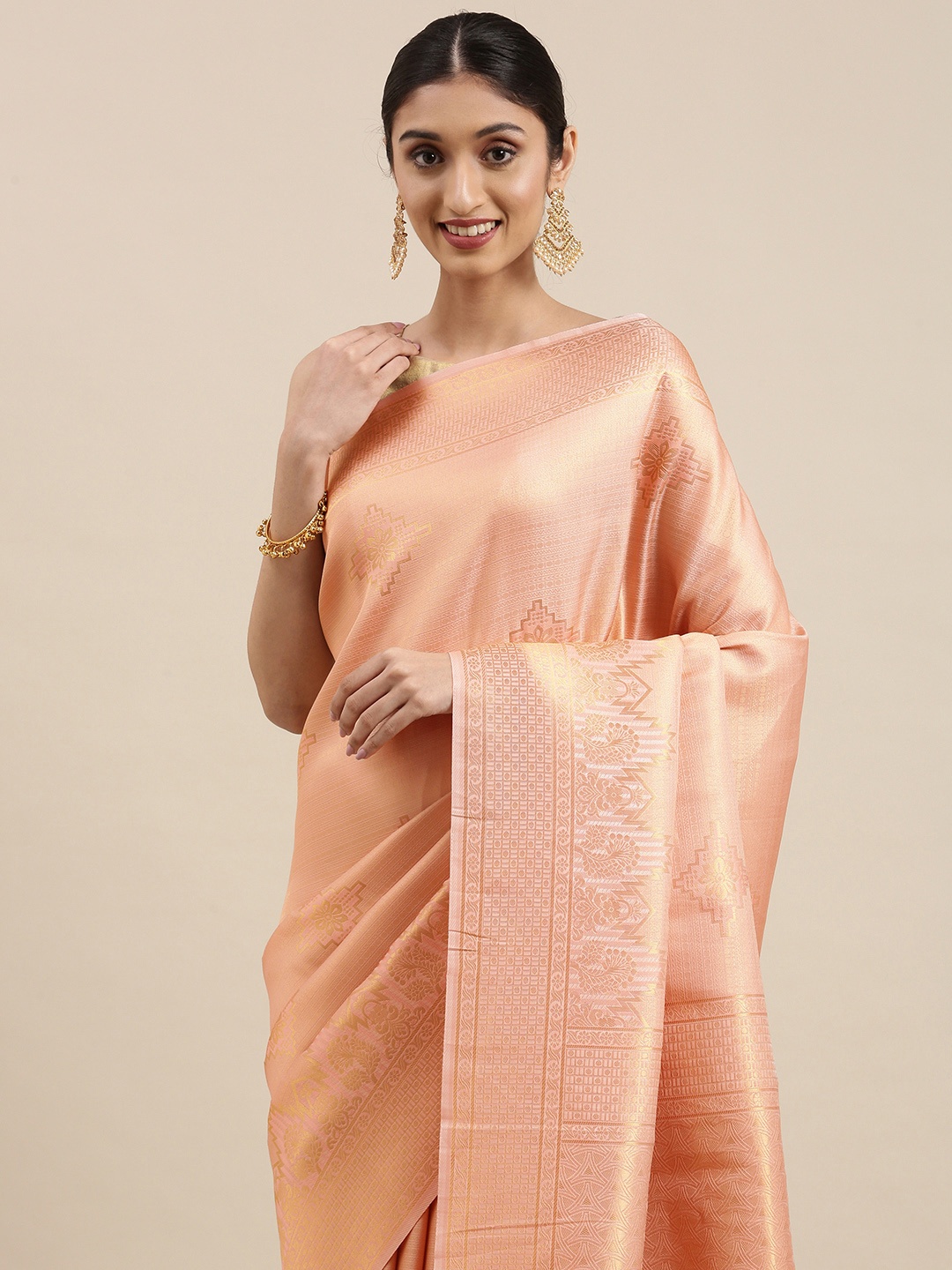 

Mitera Peach-Coloured & Gold-Toned Ethnic Motifs Zari Pure Silk Kanjeevaram Saree