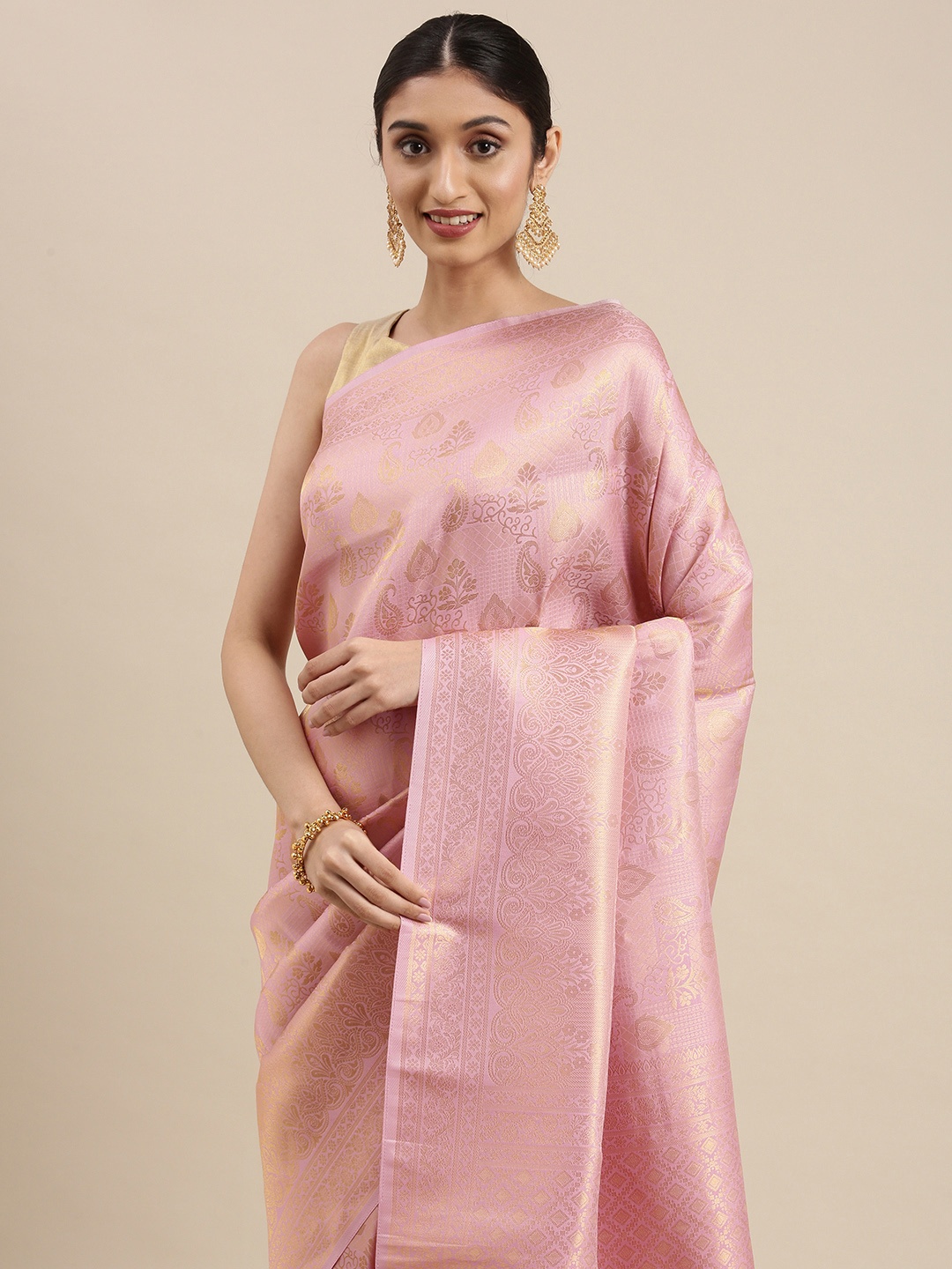 

Mitera Lavender & Gold-Toned Ethnic Motifs Zari Pure Silk Kanjeevaram Saree