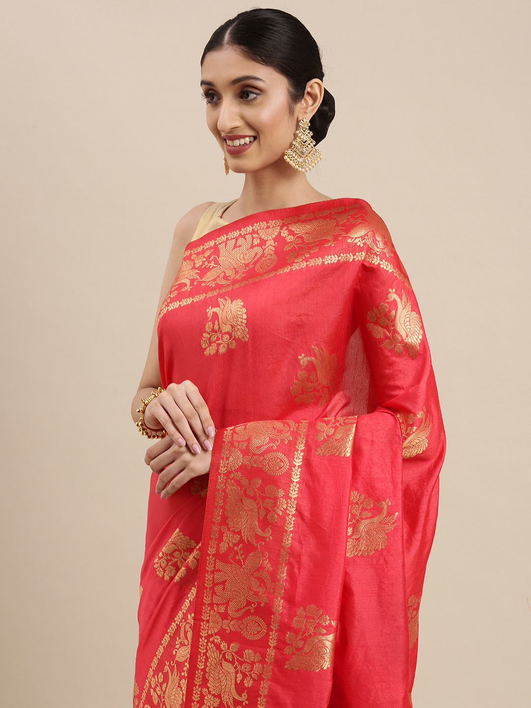 

Mitera Red & Gold-Toned Ethnic Motifs Zari Silk Cotton Kanjeevaram Saree