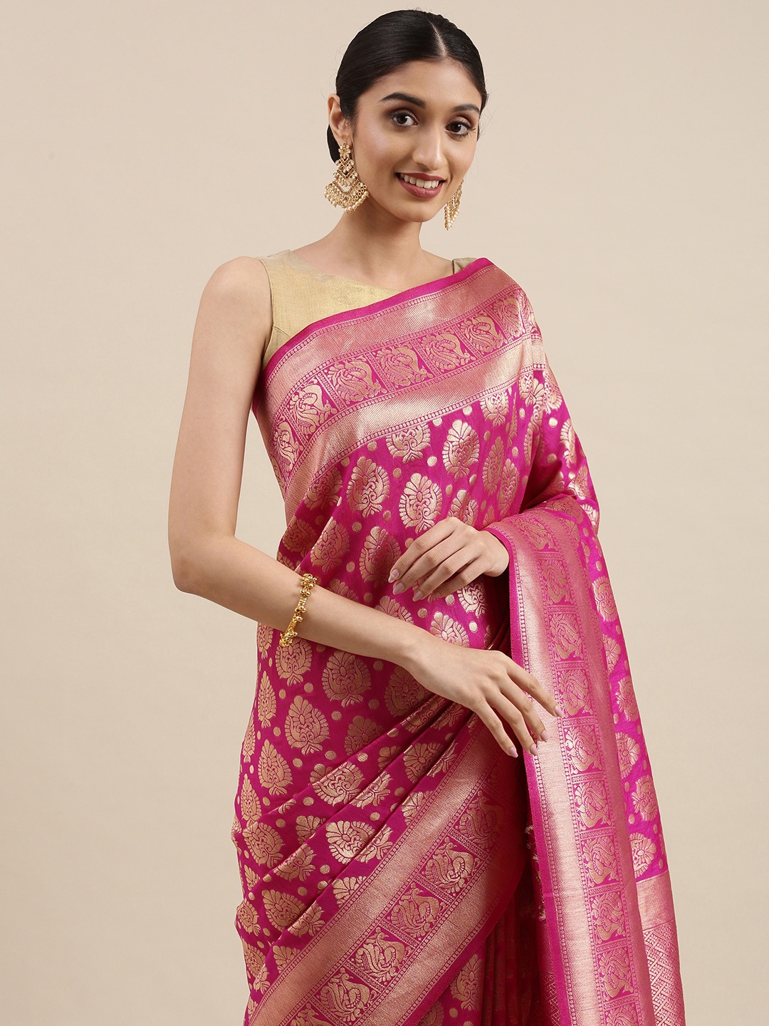 

Mitera Pink & Gold-Toned Ethnic Motifs Zari Pure Silk Kanjeevaram Saree