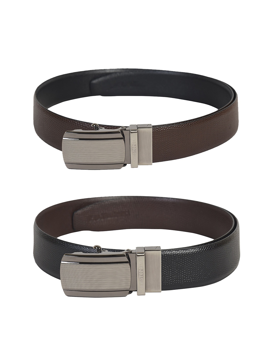 

CHRISTOPOLO Men Black Textured Reversible Leather Formal Belt