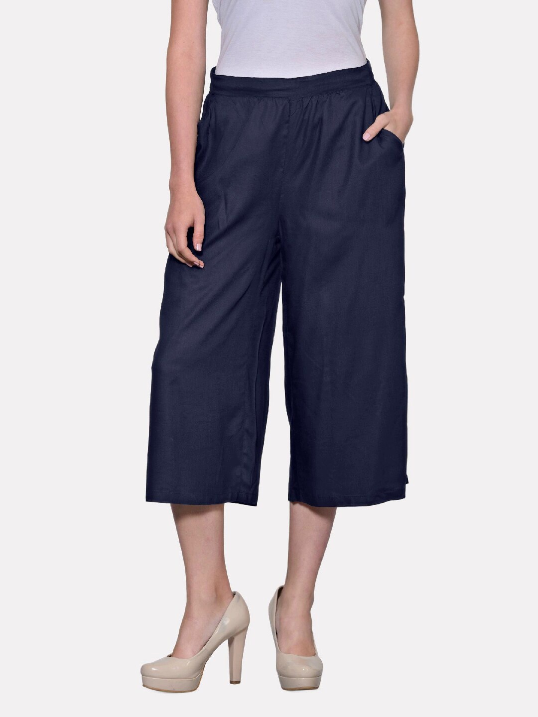 

PATRORNA Women Navy Blue Pleated Plus Size Culottes Trousers