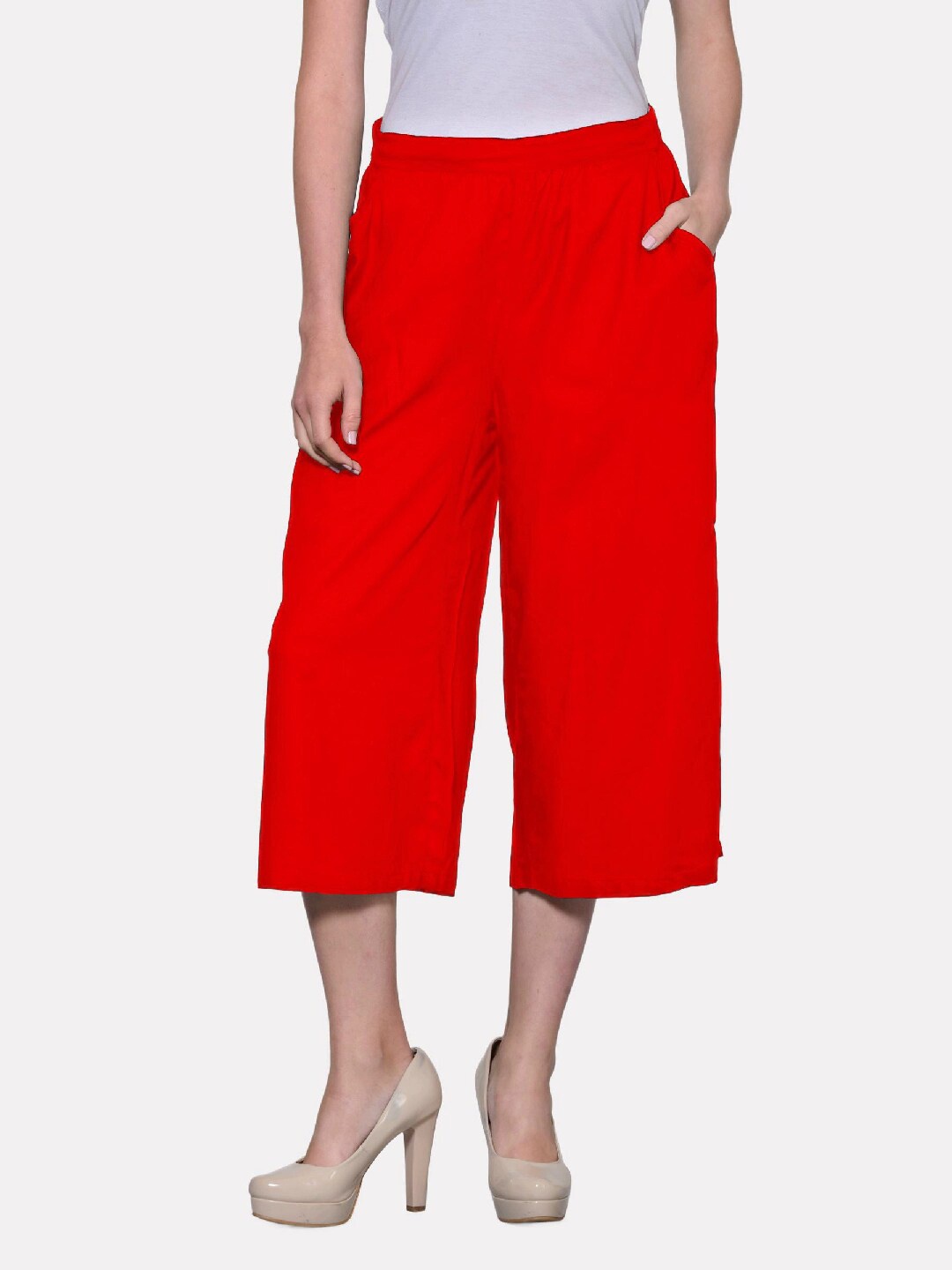 

PATRORNA Women Plus Size Red Antimicrobial Treated Relaxed Flowy Fit Capris