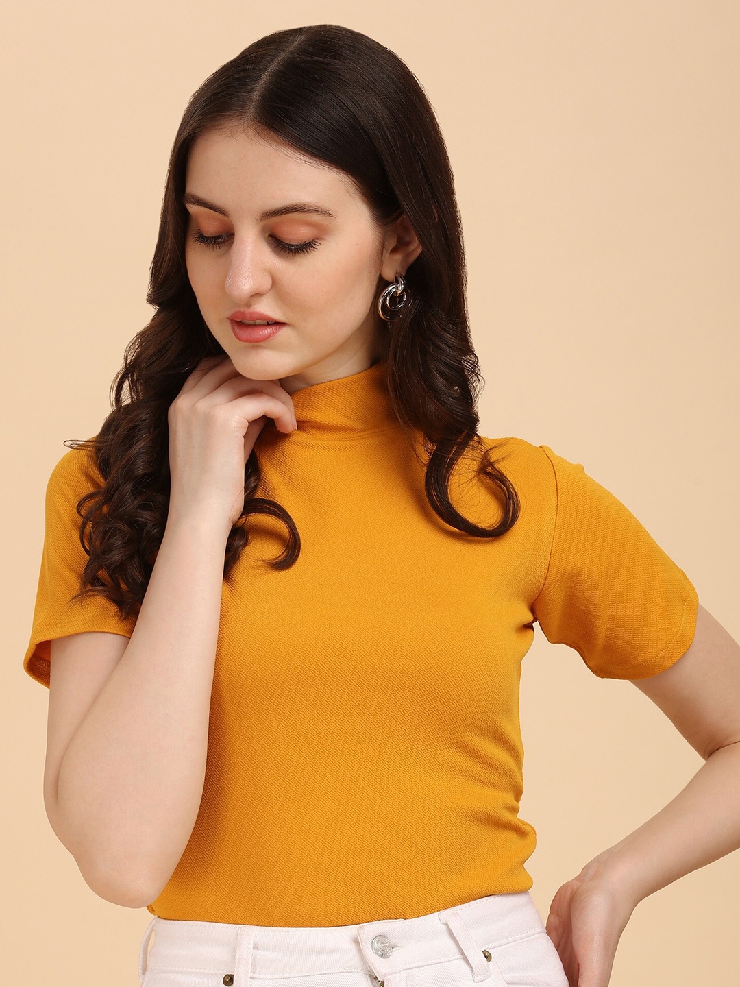 

Wedani Mustard Yellow Solid High Neck Solid Top