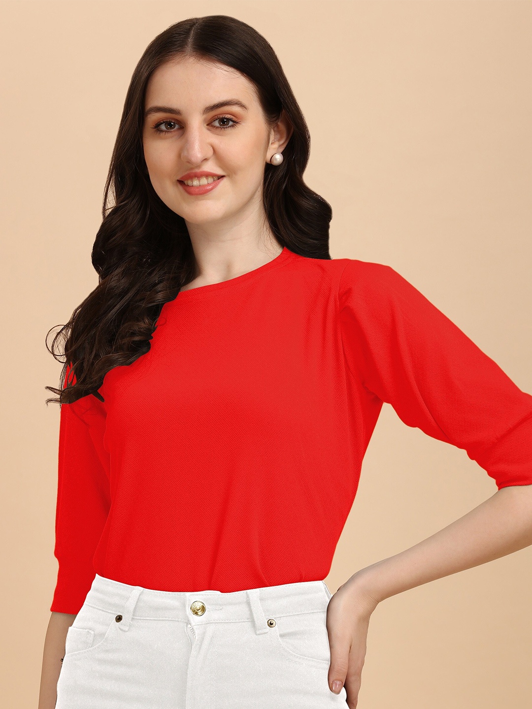 

Wedani Red Short Sleeve Solid Top
