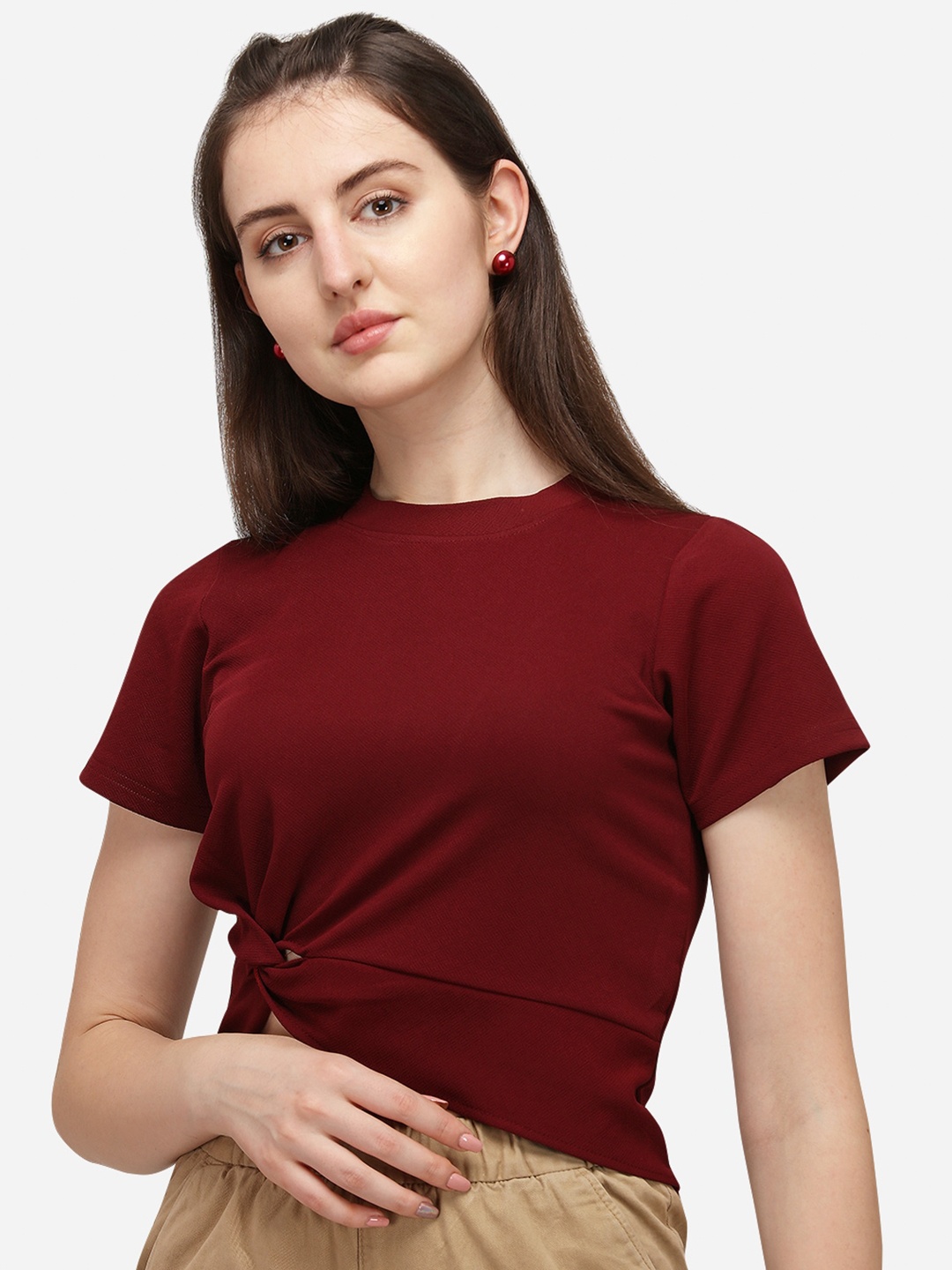 

Wedani Maroon Boat Neck Short Sleeve Solid