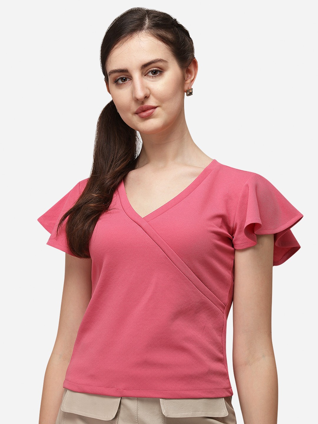 

Wedani Women Pink V-Neck Solid Top
