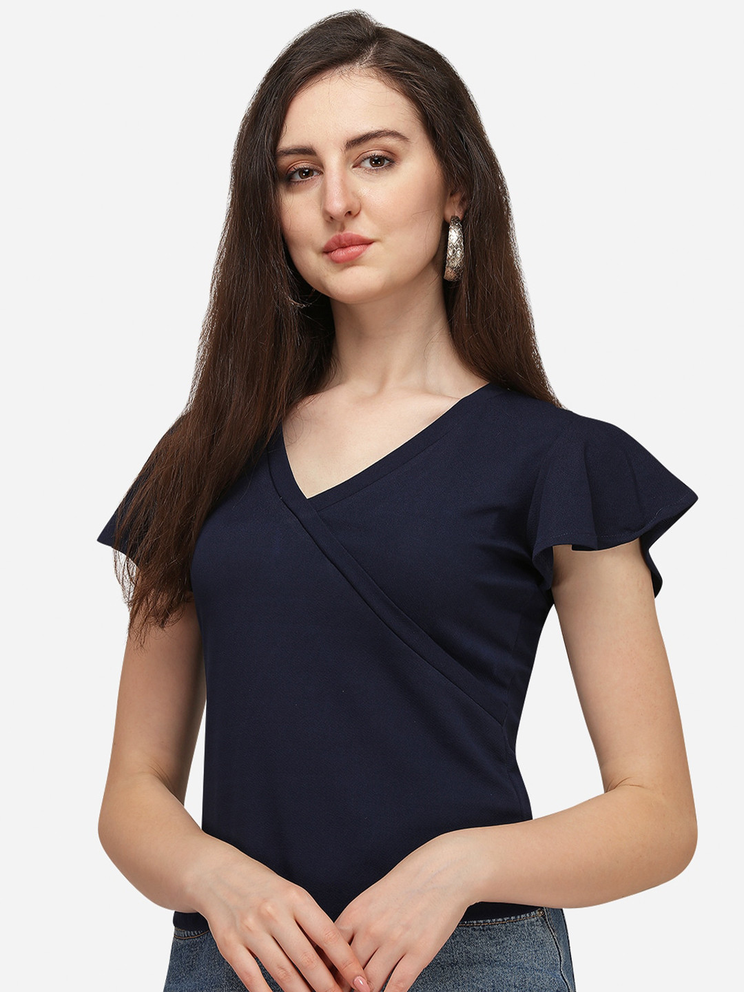 

Wedani Navy Blue V Neck Flutter Sleeves Top
