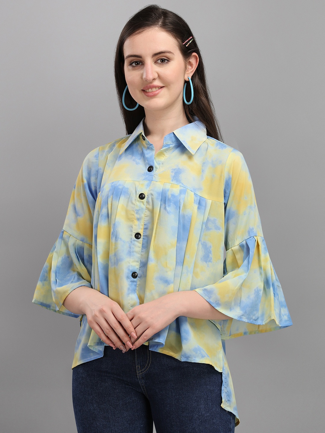 

Wedani Women Blue Print Linen Shirt Style Top