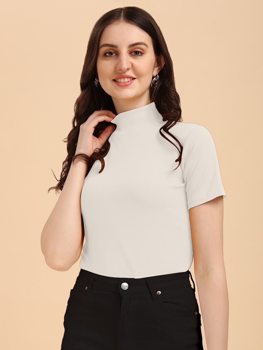

Wedani Women White Scuba High Neck Solid Top